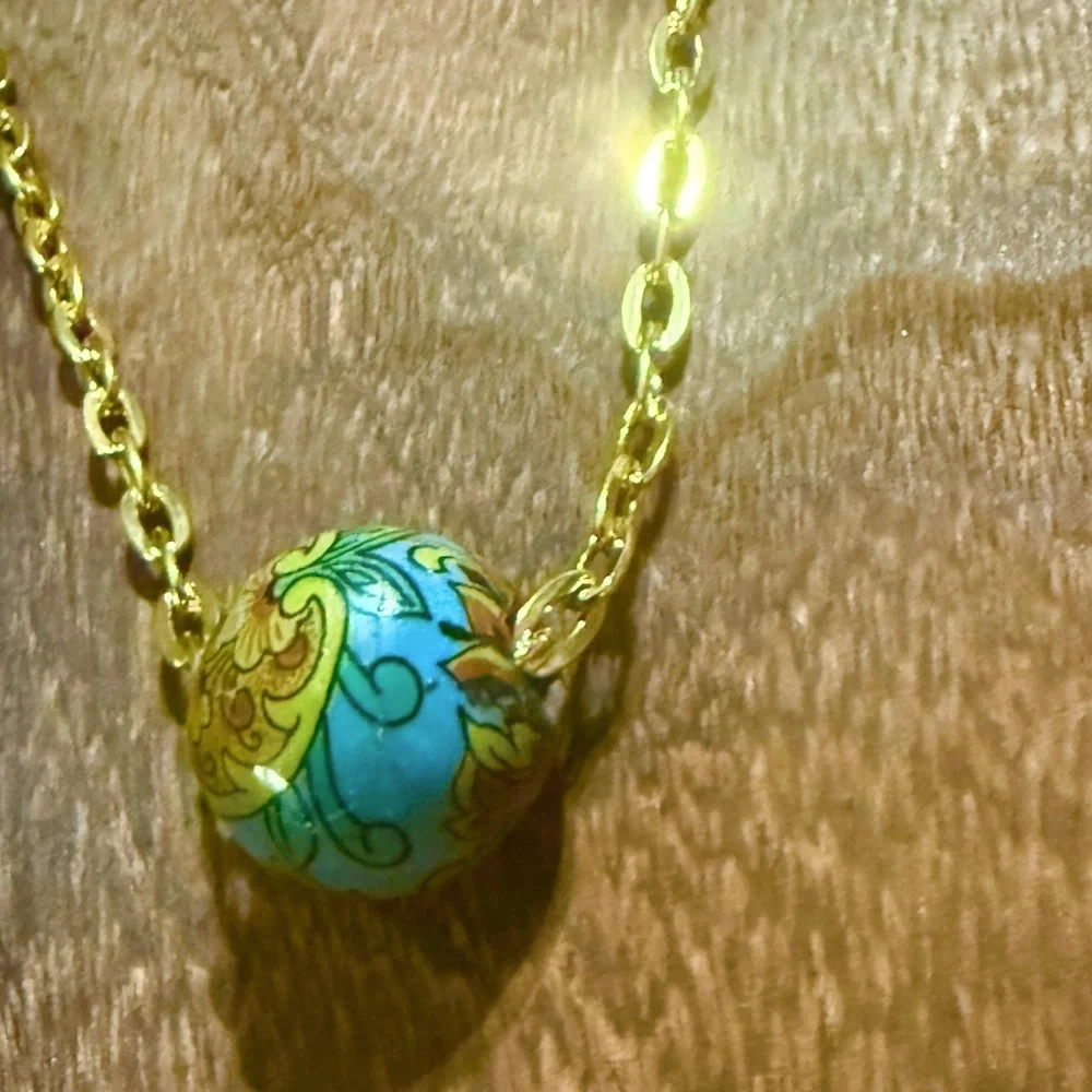 Antique Italian Hand-Painted Venetian Bead Pendant Necklace, 24 GP‎ Chain, 19”